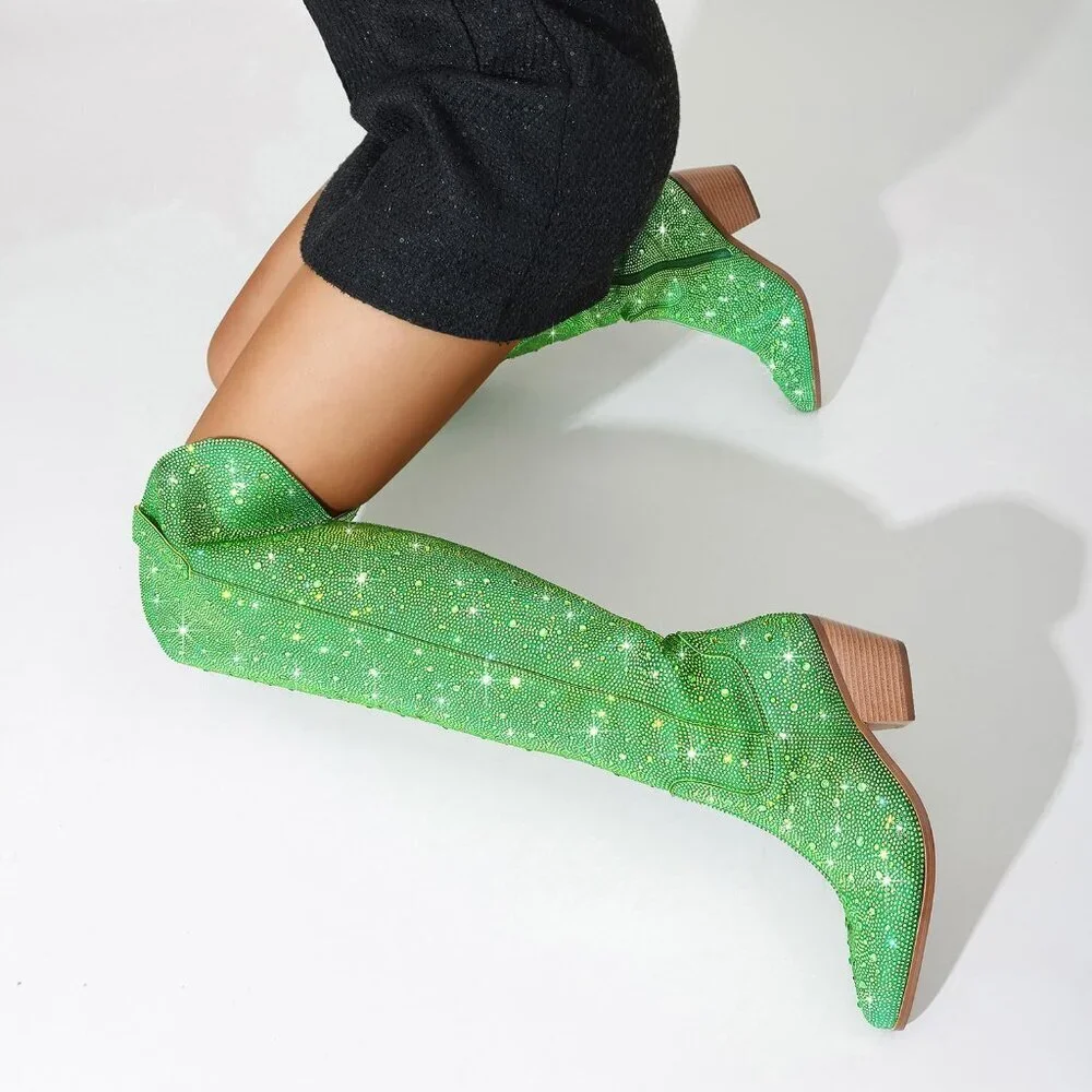 Women Green Faux Leather Sparkly Bling Rhinestone Over the Knee Cowboy Boots
